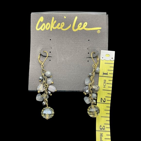 VTG Cookie Lee Earrings Gold Tone Hook Dangle Beads Light Gray Bead - Picture 3 of 6